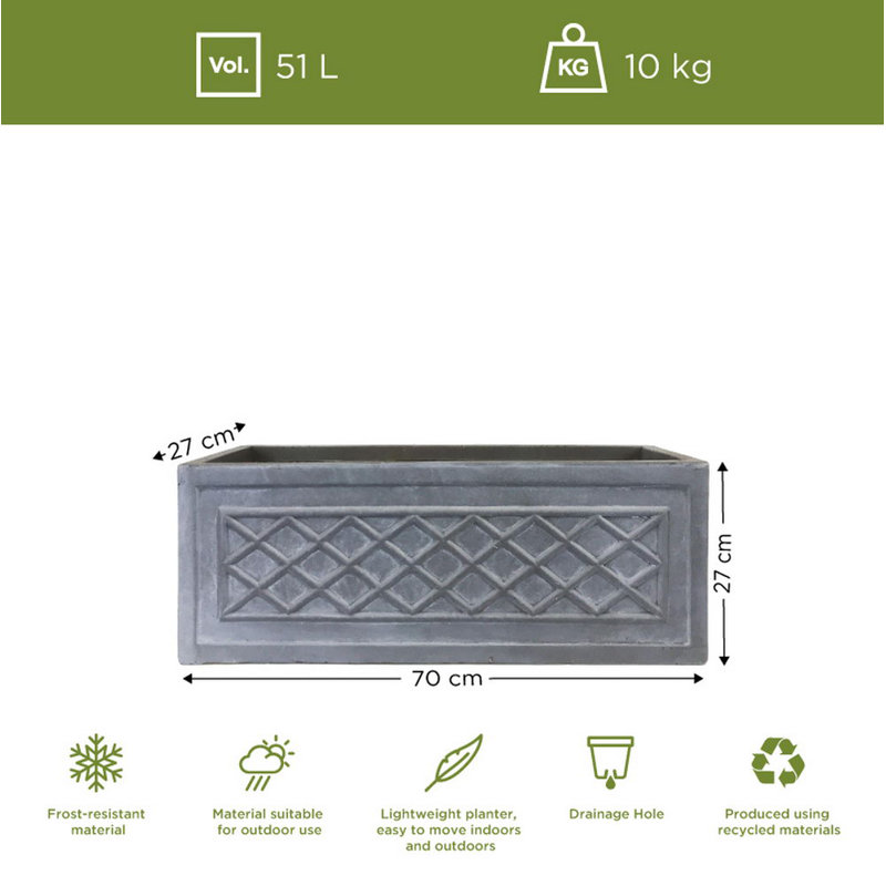 Stone Window Box Planter, 27 cm H x 70 cm W x 27 cm D, Grey