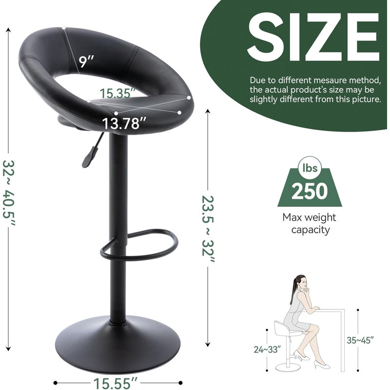 Mells Swivel Adjustable Height Bar Stool, Black, Black
