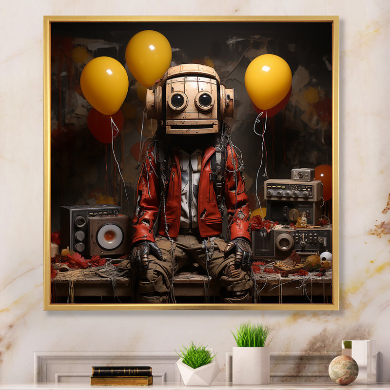Humain robot sur toile, H 36 po x l 36 po x P 1,5 po, Cadre flottant doré