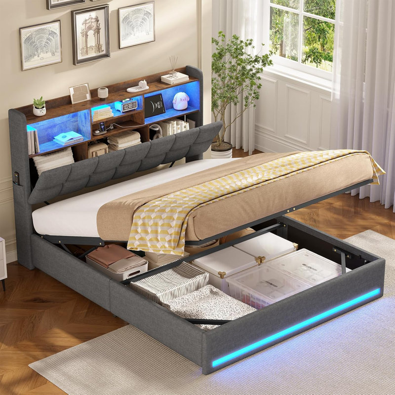 Upholstered Bed with Ottoman Under-bed Storage and Charging Station, Kingsize (5'), Gray