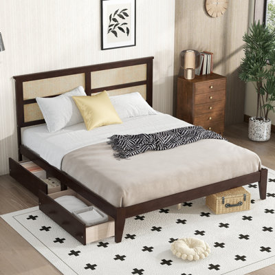 Très grand lit avec tête de lit en rotin, deux tiroirs de rangement, lit en bois d'hévéa avec pieds et pieds de soutien améliorés