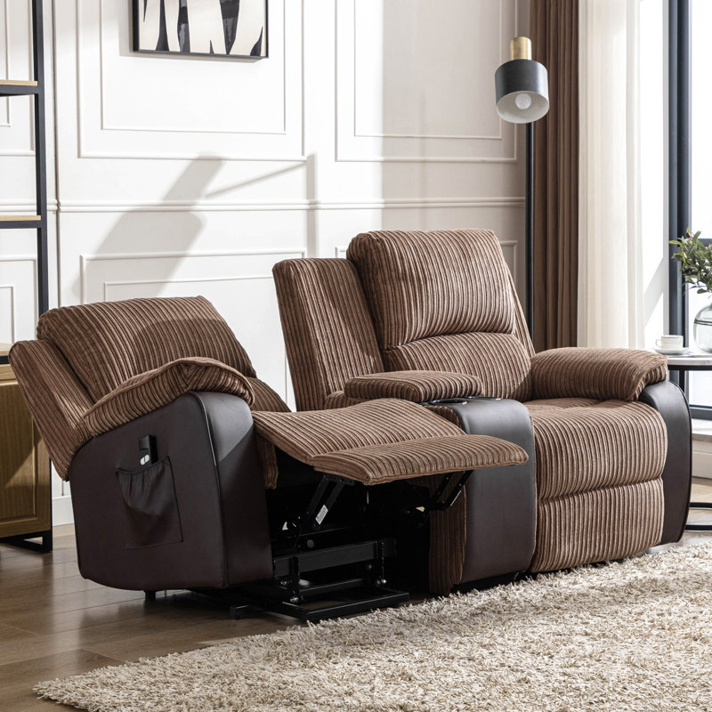 Mitrita 2 Seater Rise Recliner Upholstered Loveseat Sofa with Drinks Console, Brown, Single Motor