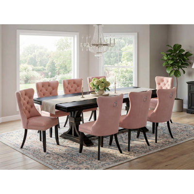 9 Pieces Dining Table Set Includes a Rectangle Table and 8 Beige Red Polyester Fabric Dining Chairs, Sand Blasting Black