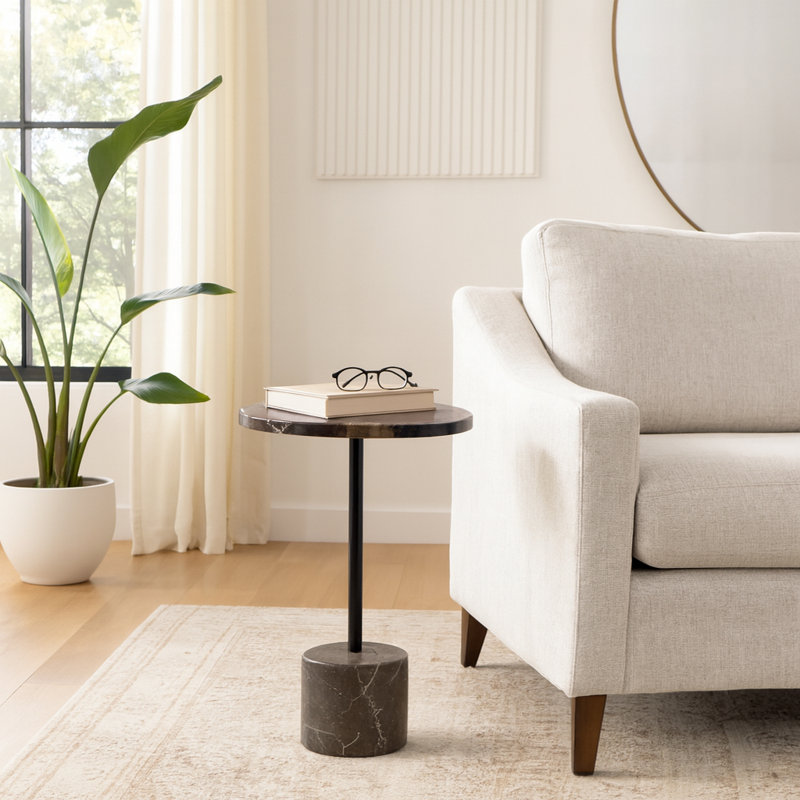 Modern and Tan Marble Stone Accent Table with Iron Base for Living Room Bedroom Office - 21" Black, Tan, Brown