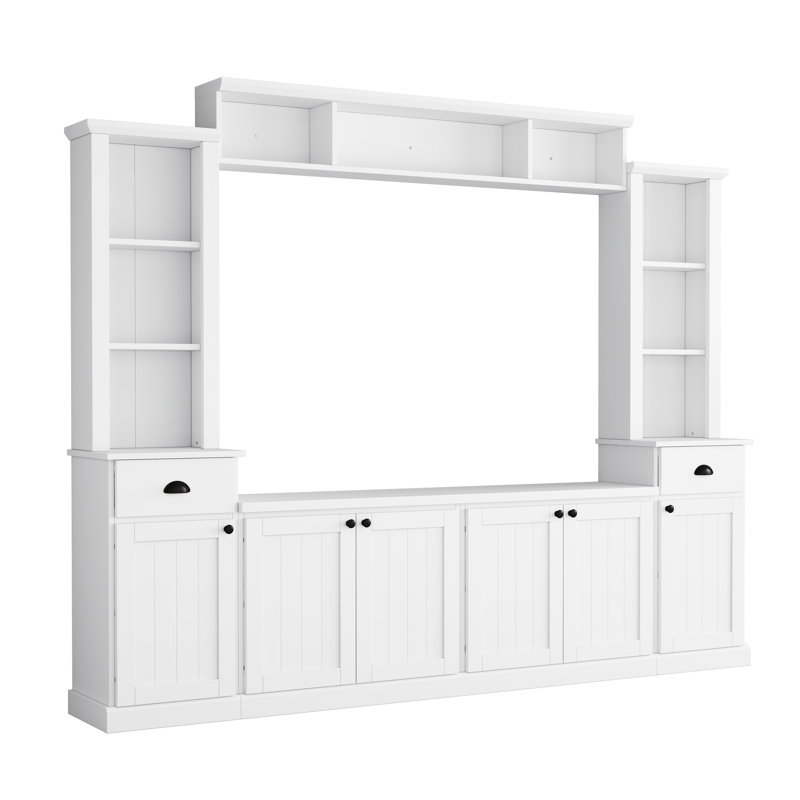 Centre multimédia contemporain avec pont supérieur réglable pour téléviseur de 75 po, blanc et meuble de rangement généreux blanc