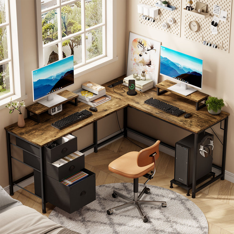 Morihisa L Shaped Desk, 94.5" Reversible Computer Gaming Desk With 3 Drawers, Corner Desk With 2 Monitor Stand, Home Office Desk Workstation