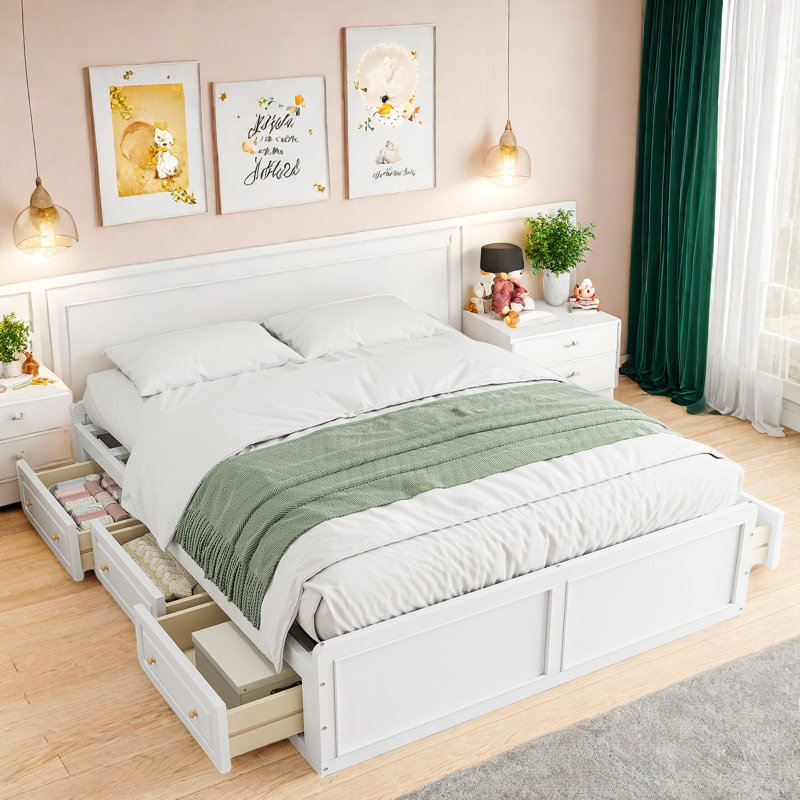 Lit plateforme en bois avec 6 tiroirs, sans tête de lit, Blanc