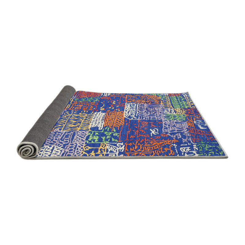 Tapis bleu/orange/vert zone contemporaine, Carré 3 pi