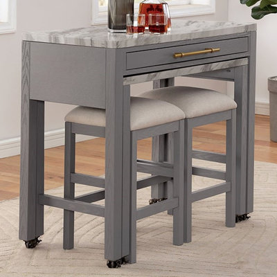 Rectangular Counter Height Faux Marble Table Dining With Stools, Drawer, Gray Solid Wood Top, 2 Slide-out Extension, Beige