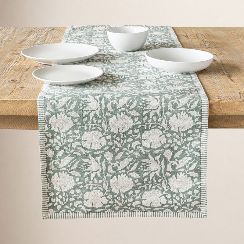 over&back Hand-Blocked Printed Cotton Table Runner, 18" W x 90" L, Green Floral