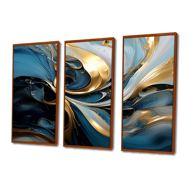 Abstrait bleu sarcelle vagues coucher de soleil doré - ensemble de salon abstrait, H 40 po x l 60 po x P 1 po