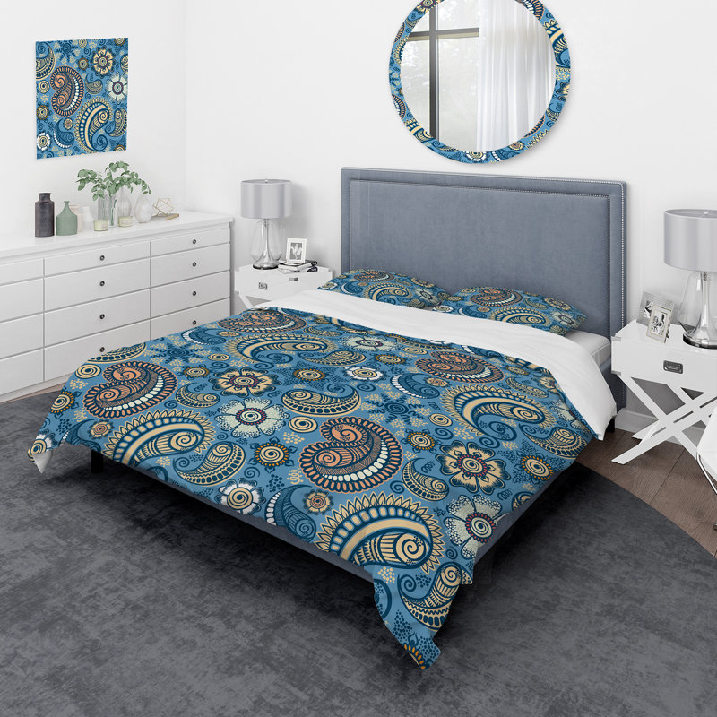 Ensemble de housse de couette bohémien Elegant Retro Blue Paisley - Microfibre polyester