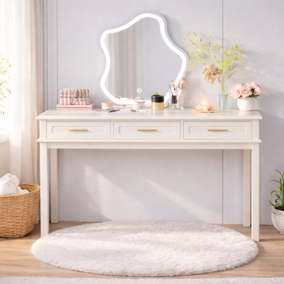 Bureau de coiffeuse blanc crème avec 3 tiroirs, coiffeuse polyvalente moderne pour la chambre à coucher, aucun miroir inclus