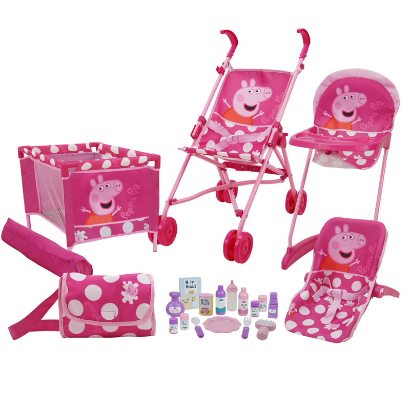 Peppa Pig: ensemble de jeu de poupée 21 pièces - pois rose et blanc - chaise haute, poussette, aire de jeu, siège d'auto, sac à main et accessoires pour poupée, jouet pour enfants, 3 ans et plus