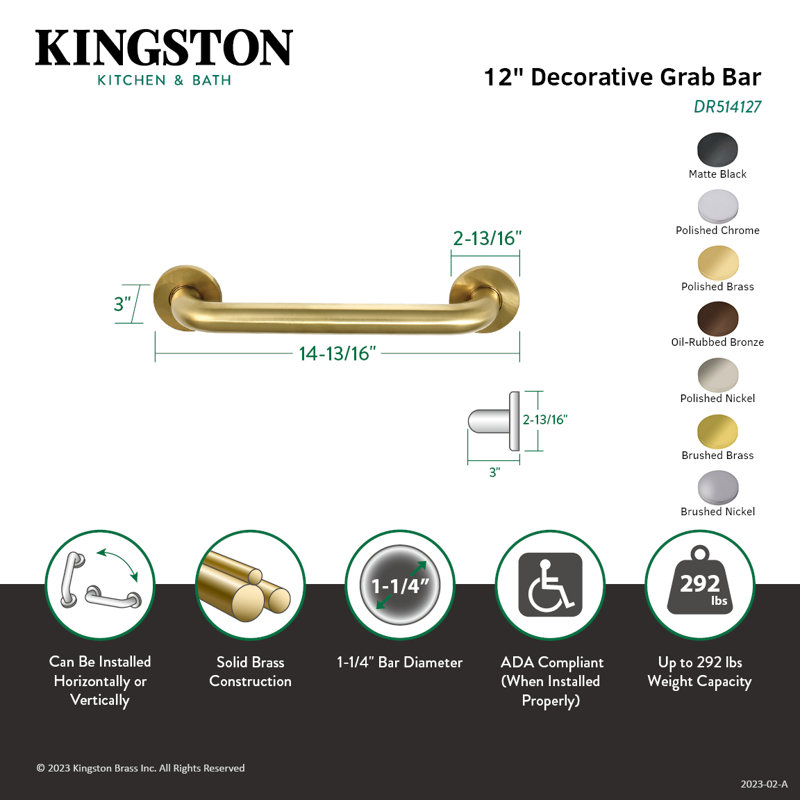 Kingston Brass Meridian Decorative ADA Grab Bar, Brushed Nickel, 14.81" W