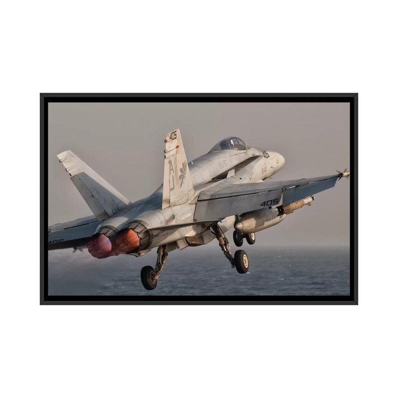 " A F/A-18C Hornet Taking Off From USS George H.W. Bush " by Giovanni Colla, 18" H x 26" W x 1.5" D, Black Framed Canvas