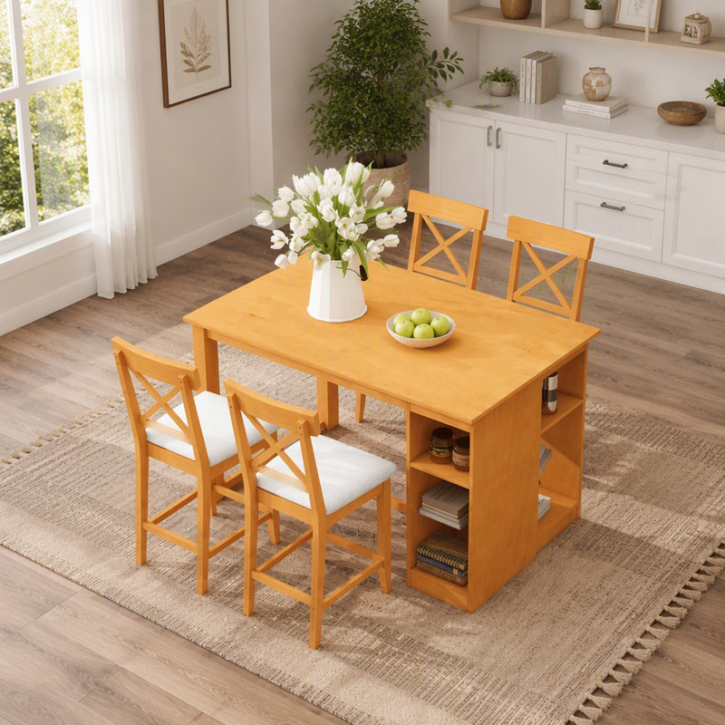 Ensemble de salle à manger de style campagnard 5 pièces avec table en bois massif de 152 cm L x 76 cm l, étagères de rangement à 3 niveaux et 4 chaises rembourrées