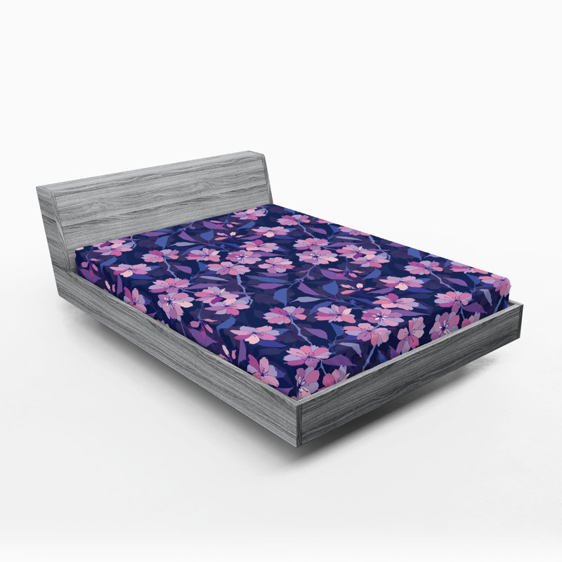 Drap-housse Ambesonne, Indigo, rose pâle, mauve / floral, Drap-housse de taille très grand