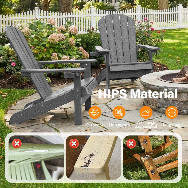Outdoor Adirondack Chair set of 2 with Cup Holder All-Weather HIPS Patio Chairs for Lawn, Garden, Fire Pit, Backyard, Gray