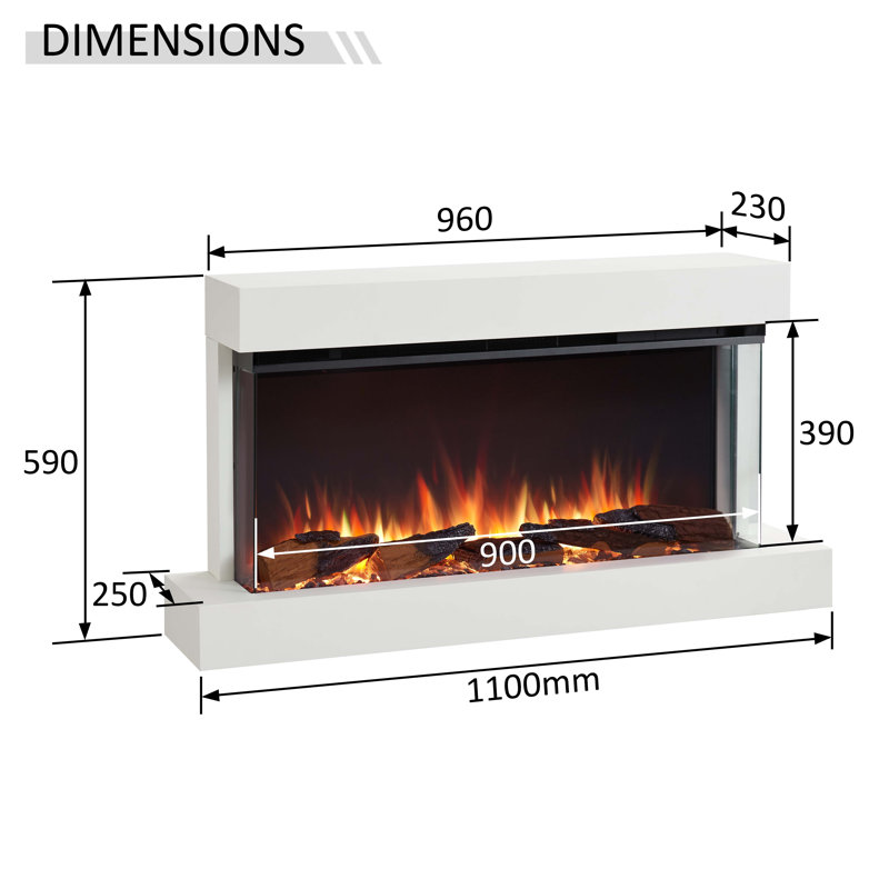KNIGHTON FLAMME White Electric Fireplace with, 59cm H x 110cm W x 25cm D