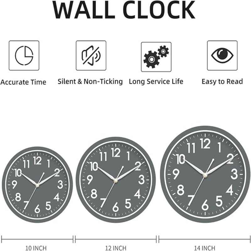 AKCISOT Horloge murale pour salle de bain, petite horloge murale analogique de 10 pouces à pile - Horloge décorative simple et silencieuse pour cuisine, chambre à coucher, bureau personnel, salon, école (gris)