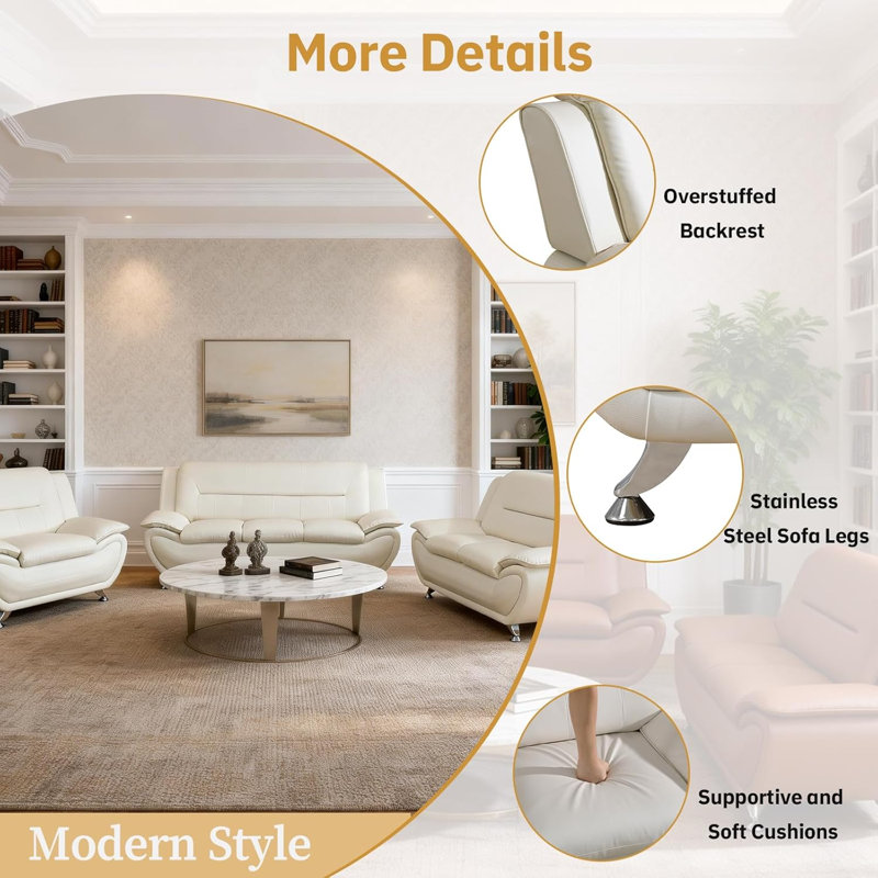 Ensemble de canapé 3 pièces pour salon, canapé en cuir moderne avec chaise, causeuse et canapé, ensemble de meubles de salon 3 pièces (ensemble, cuir blanc)