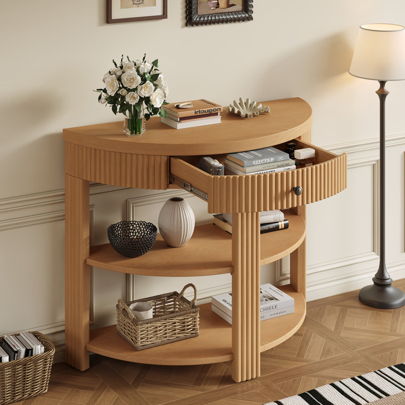 Console demi-lune cannelée en bois clair de 94 cm de large avec tiroir et 2 tablettes, Bois clair