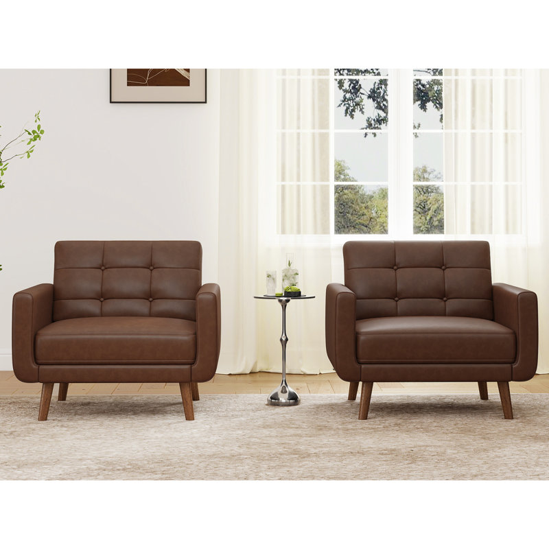 36.61" Wide Tufted Upholstered Faux Leather Accent Armchair (Set of 2 ), Brown