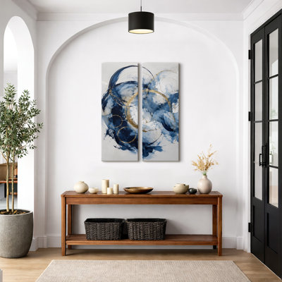 Cercle fluide abstrait bleu marine et or – Ensemble de 2 impressions sur toile 32 po x 12 po x 2