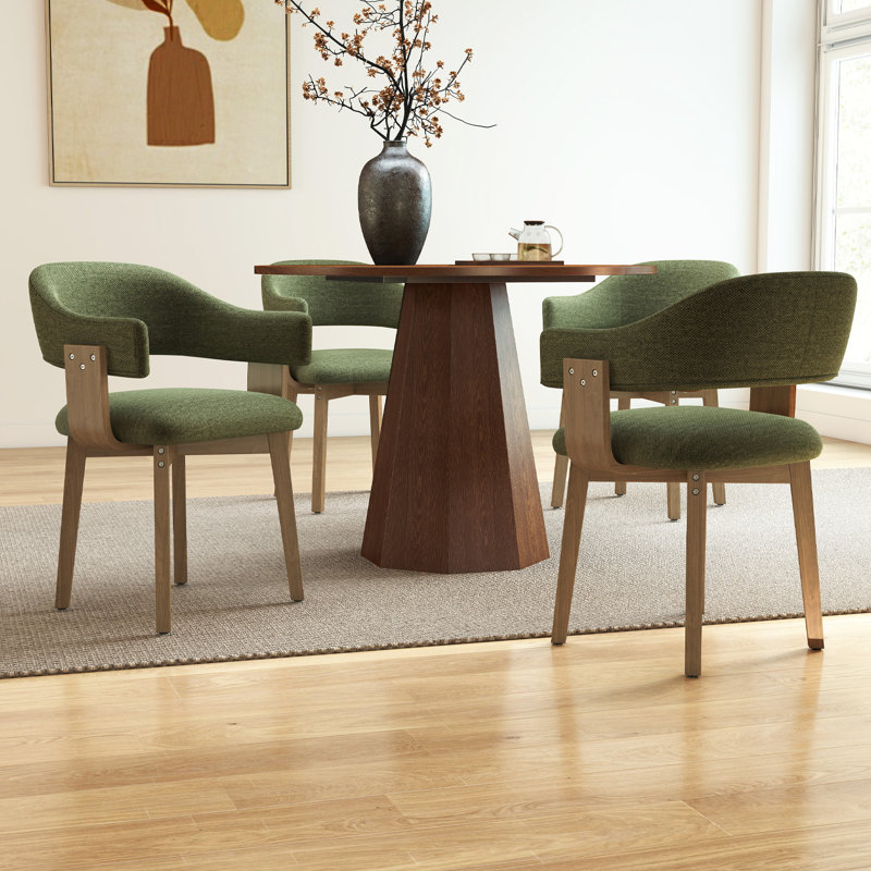 Modern 5-Piece Round Brown Dining Set With Upholstered Chairs With Backrest And Armrests, Fit For 4 People, Chenille, Green