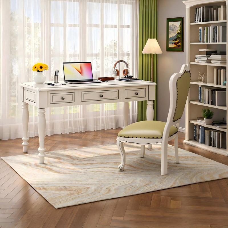 Bureau d'écriture rectangulaire en bois massif 47,24 "rétro blanc crème, 3 tiroirs, H 30,39 po x l 47,24 po x P 23,62 po