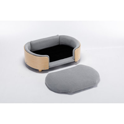 Scandinavian Style Elevated Dog Bed For Large Canines, Featuring Solid Oak Legs, Stain - Foam, And Waterproof Cushion, Quick To Assemble Grey With Look, Bent Wood Back, Removable Washable Cover