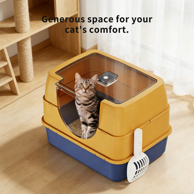 Bac à litière fermé pour chat avec pelle, bac à litière pour chat et multi-chats, anti-fuite, antiadhésif (orange)