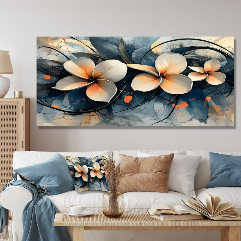 «Golden River of Aqua Plumeria Blossom IV», art mural Plumeria, 34" H x 44" W, White Picture Framed