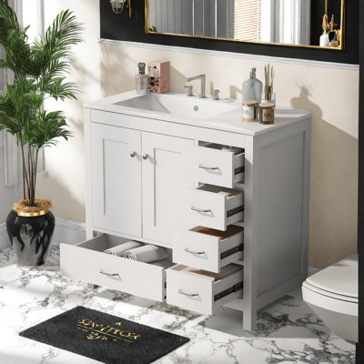 Compact 36" White Vanities With Ceramic Sink, Solid Wood Design For Small Bathrooms