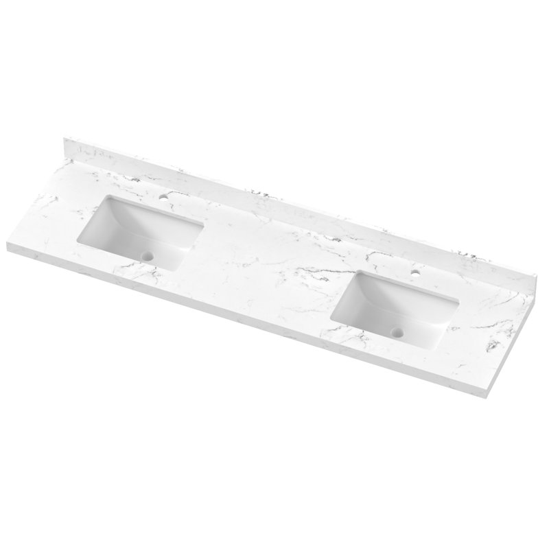 Dessus de meuble-lavabo en pierre reconstituée blanche 72 po avec double lavabo rectangulaire en céramique et dosseret de 4 po