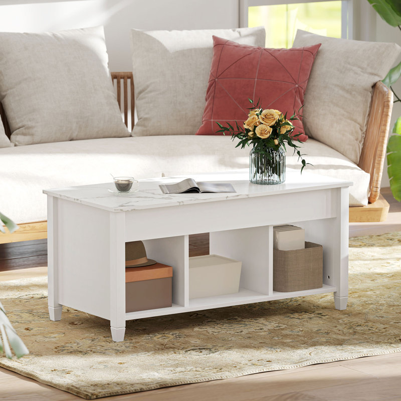 Table basse à plateau relevable avec rangement, table centrale moderne, blanc