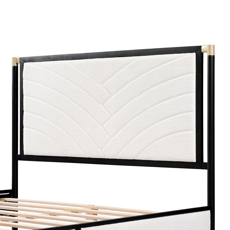 Lit double avec tête de lit Boucle blanc, cadre champagne argenté et noir, lattes en bois massif pour un soutien optimal, tissu industriel de chambre à coucher facile à installer - aspect 800 lb,