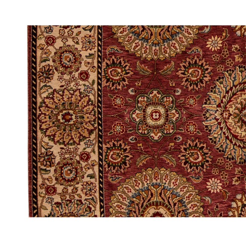 Tapis unique en laine noué à la main de 5 pi 9 po x 8 pi 9 po rouge / ivoire / beige