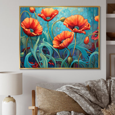" Coral And Turquoise Poppies Dancing With Petals "