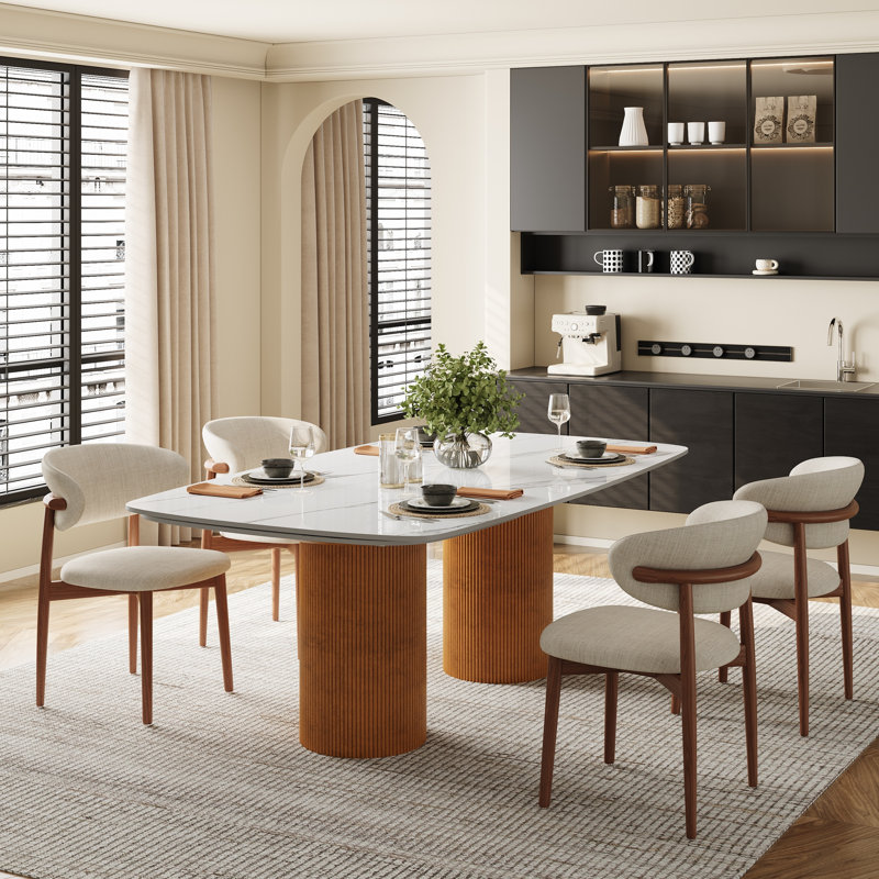 Ensemble de table de salle à manger extensible 94 po pour 8 personnes, plateau en pierre frittée de luxe avec double piédestal sculptural et 8 chaises rembourrées entièrement assemblées (ensemble de 9)