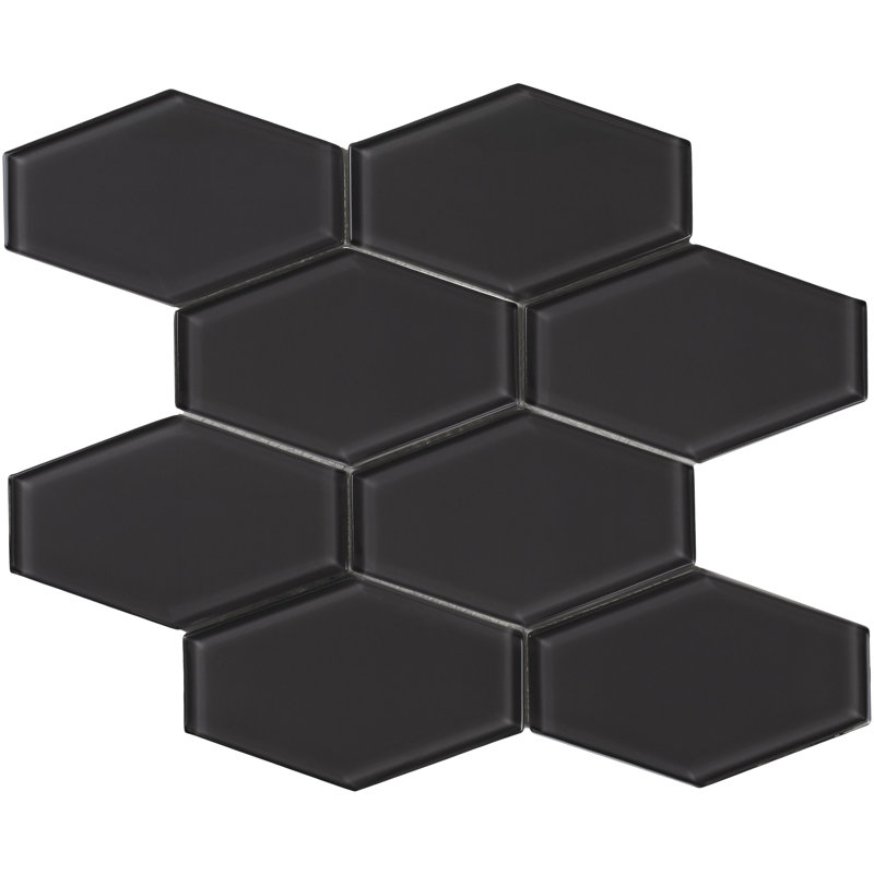 Long Hex 10.60in.x11 in. Glass Mosaic Tile, Carbon Gloss