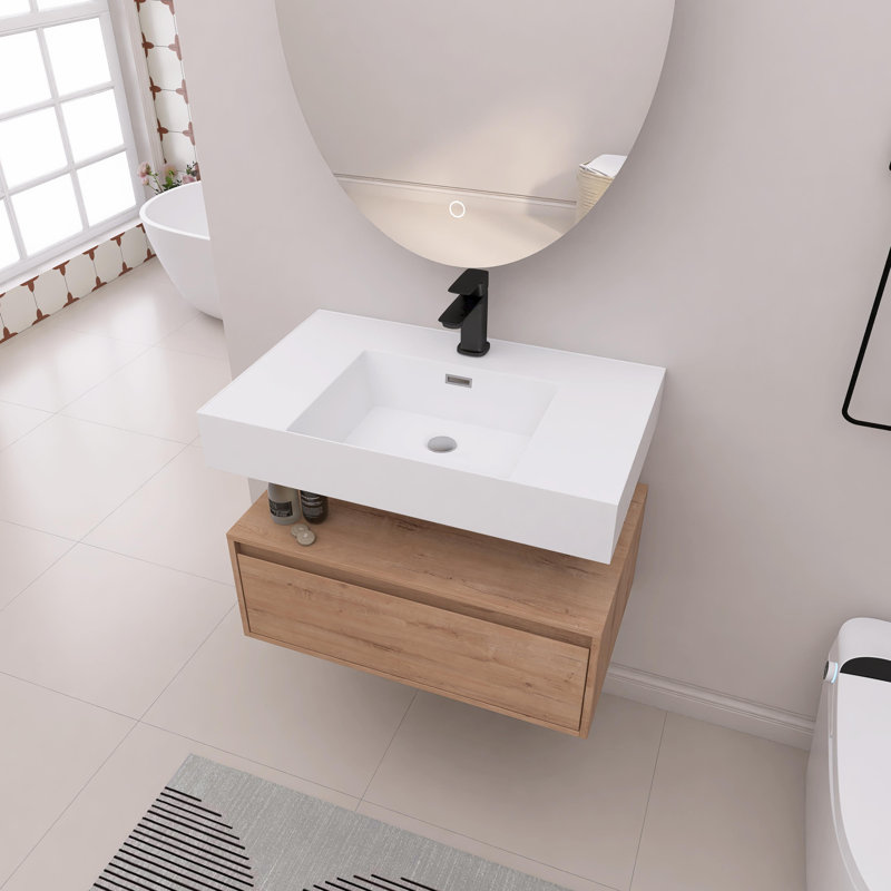 30 " Single Wall-Mounted Bathroom Vanity with Resin Sink, Soft Close Drawer, Float Mounting Design