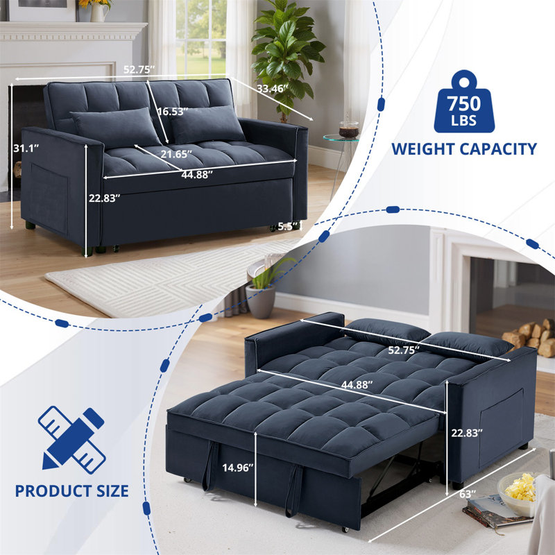 Montevia 3 in 1 Convertible Sleeper Sofa Bed, Velvet Futon Couches, Chaise Lounge for Living Room with Side Pocket