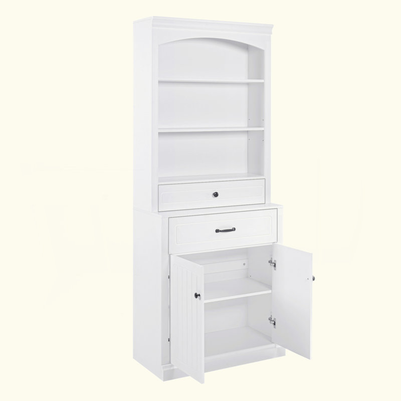 Armoire de rangement pour salle de bain avec deux portes, tiroirs, tablette réglable et trois tablettes ouvertes - Fabrication en panneau de fibres à densité moyenne durable