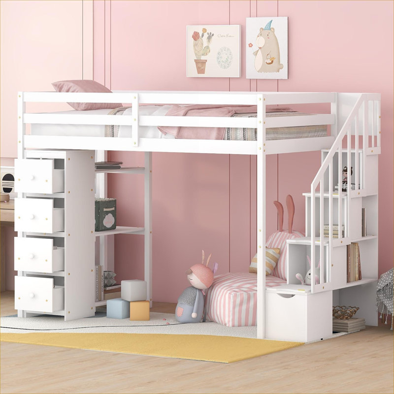 Solid Wood Soft White Twin Platform Loft Bed, Space-Saving Functional Design for Small Bedrooms With Integrated Storage