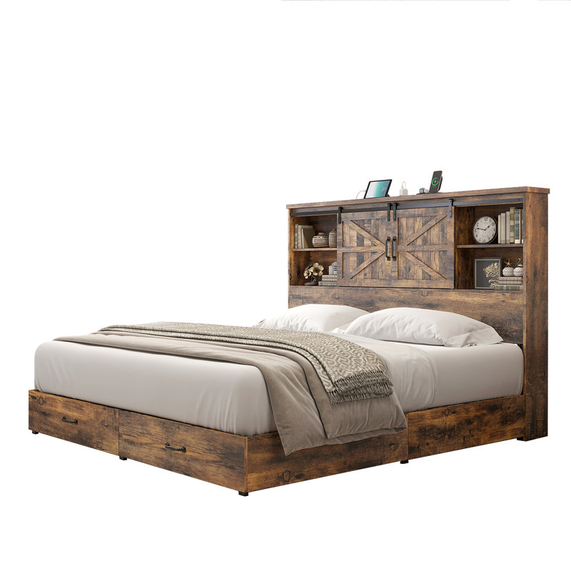 King Brown Wood Platform Bed Frame with Bookcase Headboard and Storage
