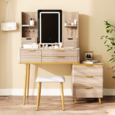 Meuble-lavabo cannelé avec miroir à DEL, rangement à 7 tiroirs, crochets à bijoux, poignées en métal et tabouret en polyéthylène