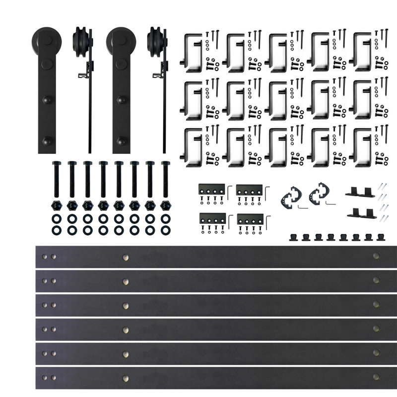 Ensemble de quincaillerie noir rustique pour porte de grange à deux portes à conception droite en forme de U et dérivation à deux rails