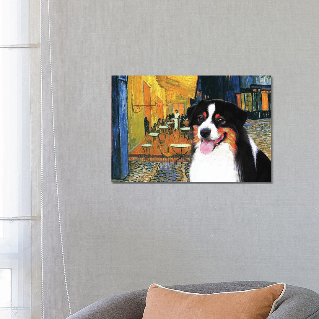 Australian Shepherd Aussie Cafe Terrace at Night - Wrapped Canvas Art Prints